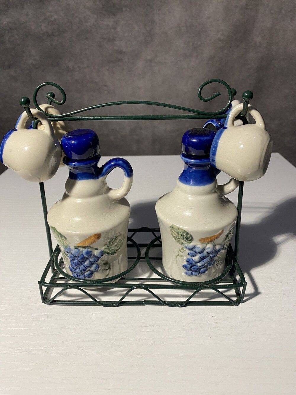 Vintage Italian Calabria Ceramic Cruet Set - Grapes & Map, 4 Mini Mugs & Rack